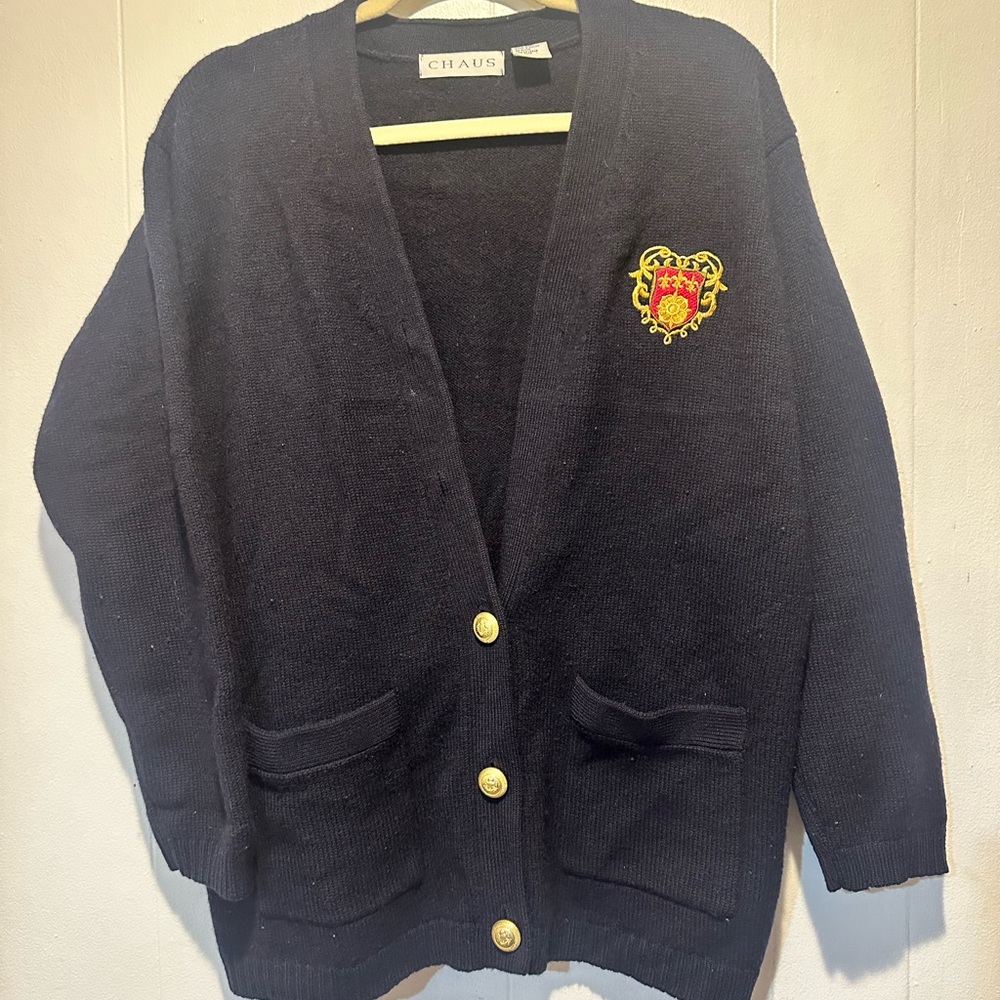 Chaus ‎ navy wool cardigan size M eclectic grandpa
